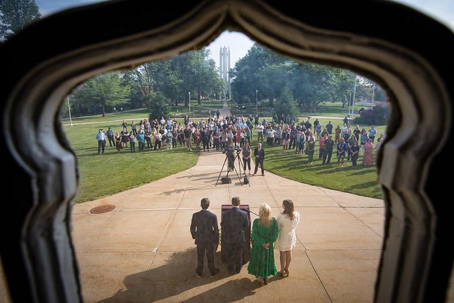 The Northwest community gathered Thursday morning in front of the Administration Building to welcome the Tatum family to Northwest. (Photo by Lauren Adams/Northwest Missouri State University)
